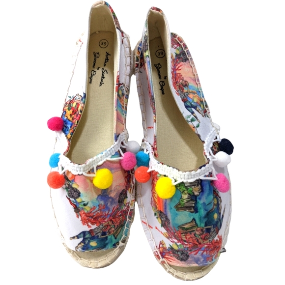 New Antica Sartoria Espadrilles Peep Toe Canvass Pom Poms Size Eur 39 US… - Picture 2 of 15